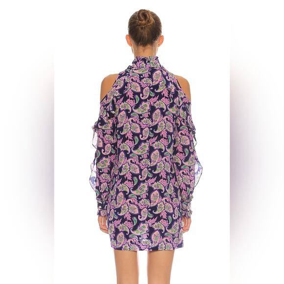 Sandro Paris 100% Silk Purple Paisley Ruffle Cold Shoulder Mini Party Dress 3/L - Picture 2 of 16